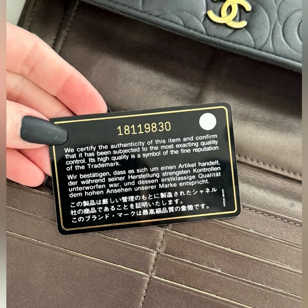 CHANEL Lambskin Embossed Camellia Large Gusset Flap Wallet w/Box, Card and Chain - Picture 10 of 16